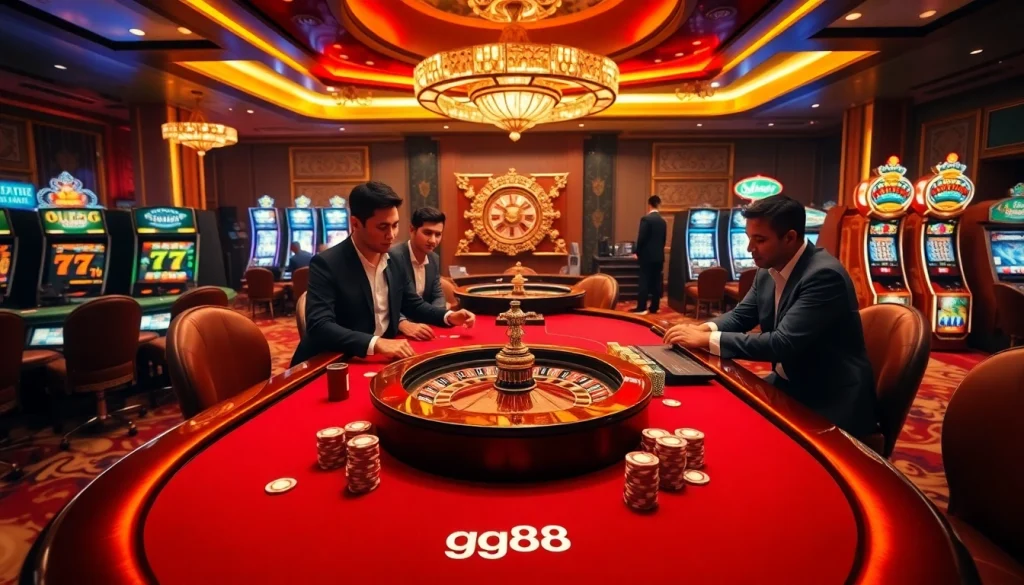 Experience the excitement of gg88 at a luxurious casino with poker tables and slot machines.