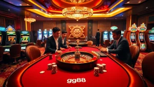 Experience the excitement of gg88 at a luxurious casino with poker tables and slot machines.