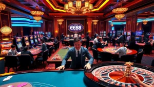 Experience the excitement of winning at EE88 casino with vibrant roulette wheels and poker tables.