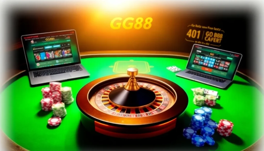 Experience the excitement of GG88 with a luxurious casino setup featuring poker, roulette, and online gambling.