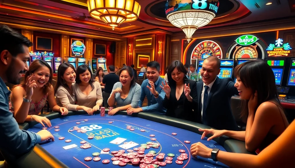 Exciting gameplay at 68 Game Bài casino with poker chips and cards across a vibrant table.