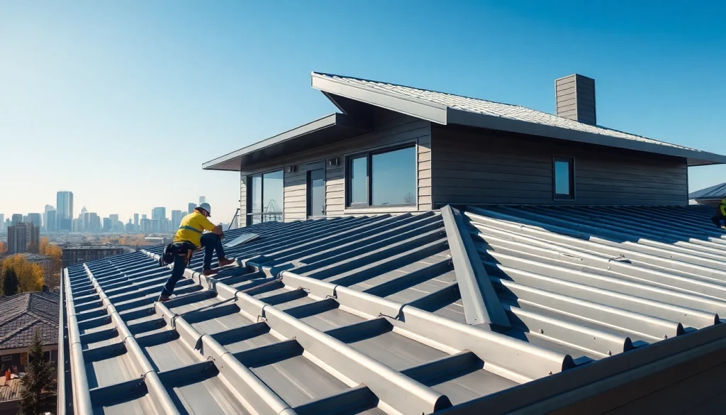 Metal roofing Calgary installation with skilled workers and city skyline backdrop.