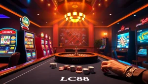 Experience the exciting gaming atmosphere at LC88 with vibrant slot machines and poker action.
