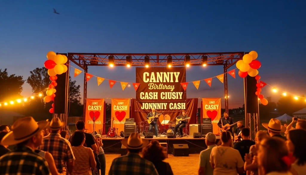 Celebrate Johnny Cash's birthday at a lively outdoor party with a live band and festive decorations from johnnycashbirthday.com.