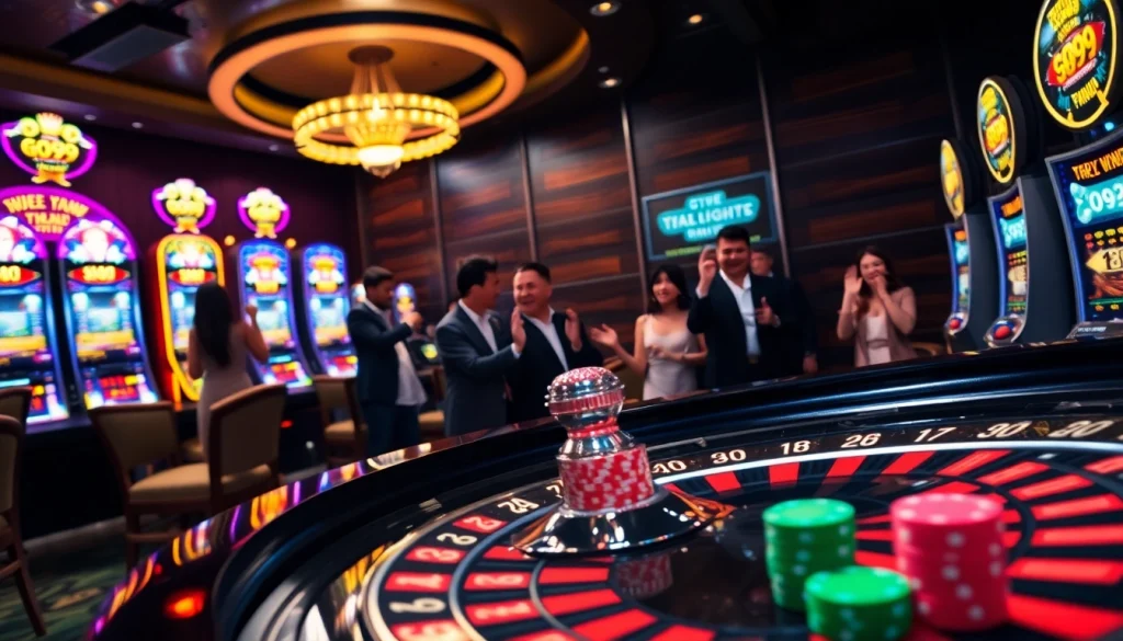 Players cheering at a GO99 roulette table in a vibrant casino scene.