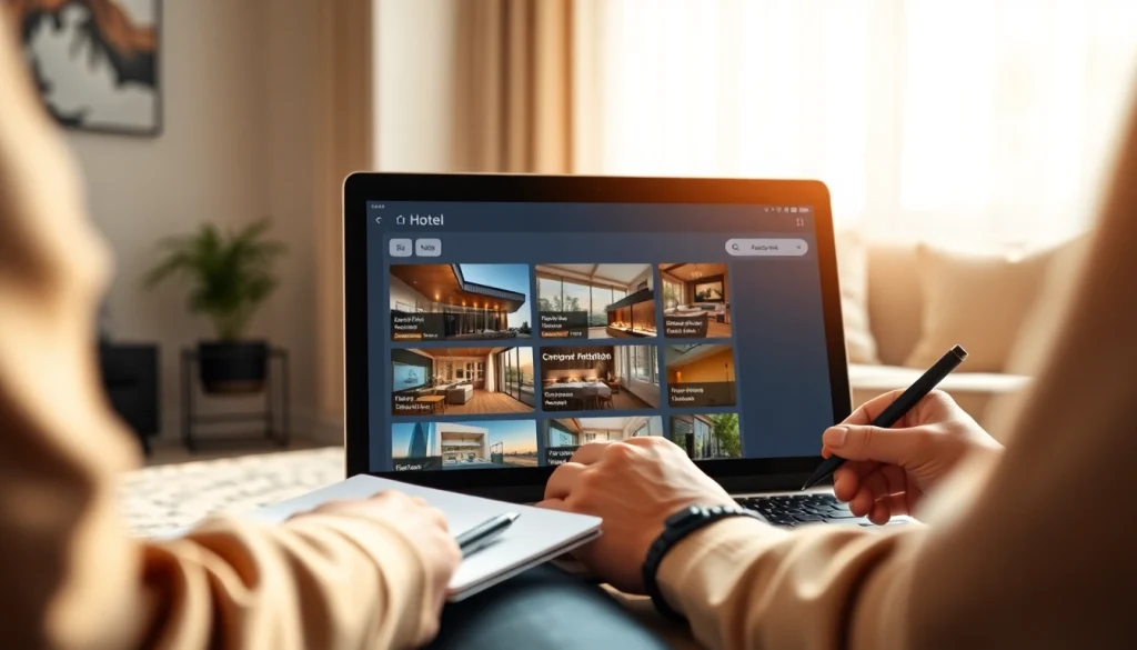 Compare Rates for Hotels with a user engaging with a booking platform on a laptop.