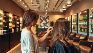 Stylist at omnia salon applying highlights in a modern, elegant setting.