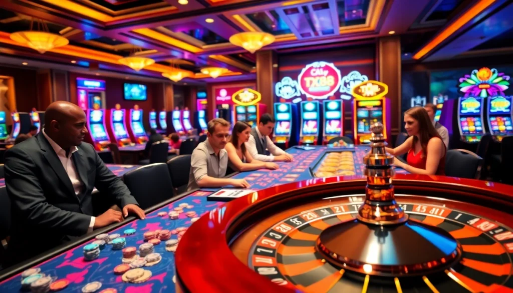 Exciting TX88 casino scene featuring vibrant tables, thrilling players, and luxurious atmosphere.