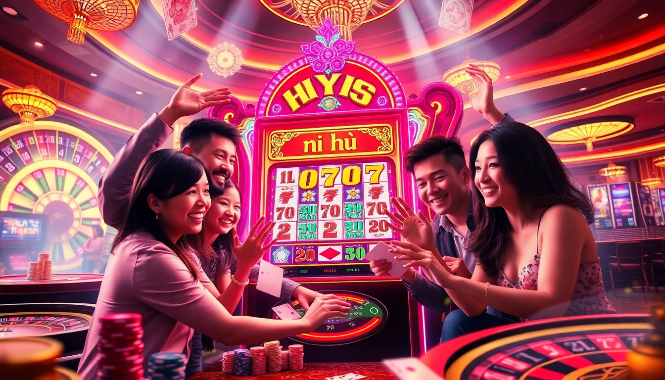 Players winning at the vibrant nổ hũ slot machine in an energetic casino atmosphere.