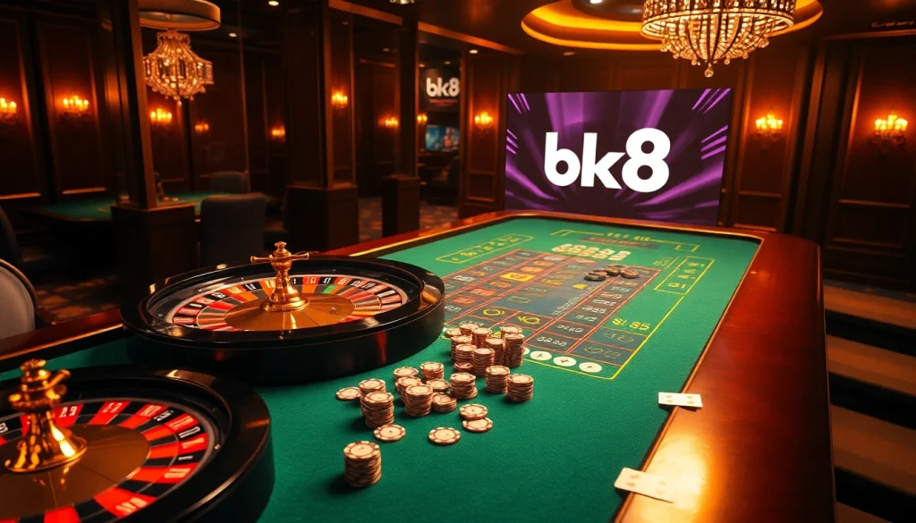 Experience the thrill at bk8's vibrant casino table featuring luxurious cards and colorful chips.