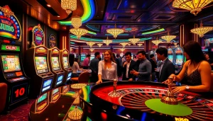 Scène captivante dans un meilleur casino crypto mettant en avant des machines à sous dynamiques et des joueurs divers.