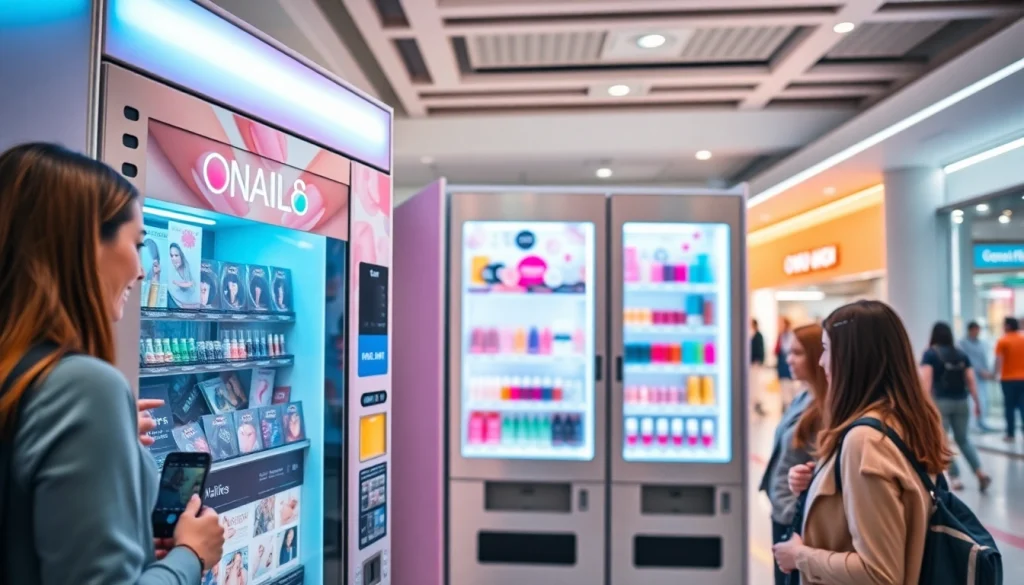 Nail vending machine showcasing colorful nail designs, attracting beauty enthusiasts in a modern shopping mall.