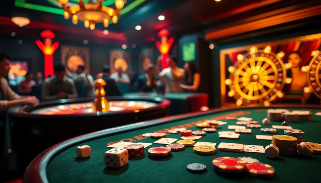 khuyến mãi okfun showcases an exciting casino scene with poker tables and roulette wheels, enhancing player engagement.
