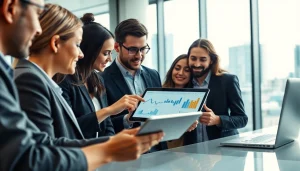 Visualize competitive intelligence for sales with a diverse team analyzing data in a modern office.