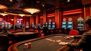 Players engaged in a thrilling poker game at https://nk88net.com/ casino with colorful chips and vibrant atmosphere.