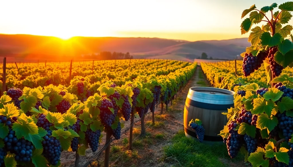 Carksburg CA vineyard landscape at sunset showcasing vibrant grapevines and barrels.