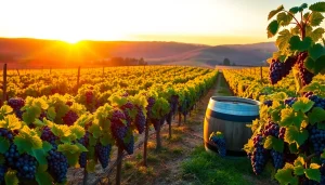 Carksburg CA vineyard landscape at sunset showcasing vibrant grapevines and barrels.