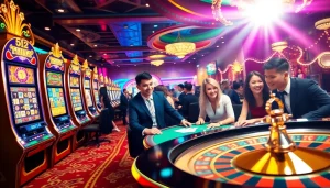 PHTAYA interactive gaming scene featuring poker chips and slot machines, radiating excitement.