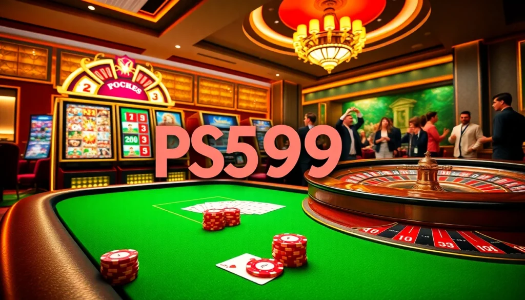 An engaging online gambling scene representing trang chủ PS99 with poker and roulette games in a luxurious casino atmosphere.
