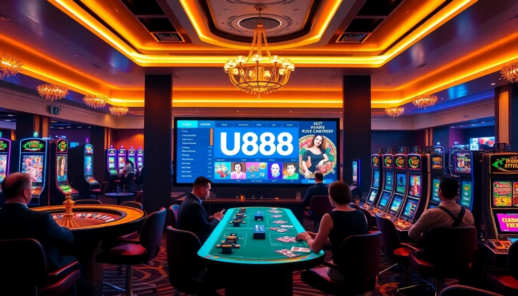 U888 casino scene featuring vibrant slot machines and poker chips in an exciting gaming atmosphere.