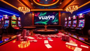 Action-packed scene of an online casino game with Vua99 featuring elegant tables and vibrant poker chips.