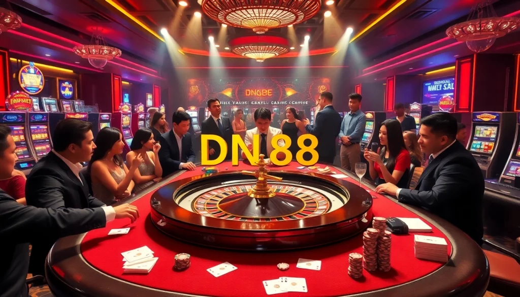Experience the thrill of DN88 at the luxury casino with roulette, cards, and elegant players.