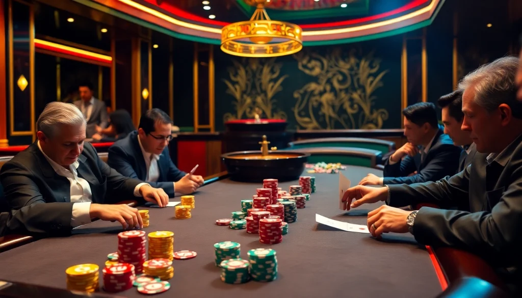 UU88 players strategizing in a lively casino poker game with colorful chips.