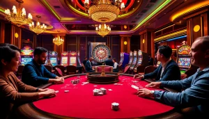 A thrilling poker game at a luxurious casino featuring the s88 poker table with vibrant action and excitement.