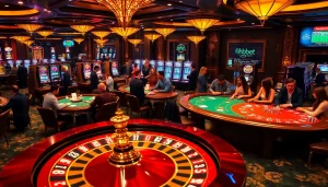 Experience the thrill of hbbet with players enjoying poker and slot machines in a vibrant casino.