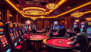 A vibrant casino scene showcasing players enjoying games, embodying the thrill of 789 win in a luxurious setting.