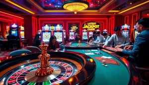 Experience the excitement of gojekpot gameplay at a luxury casino with roulette and slot machines.