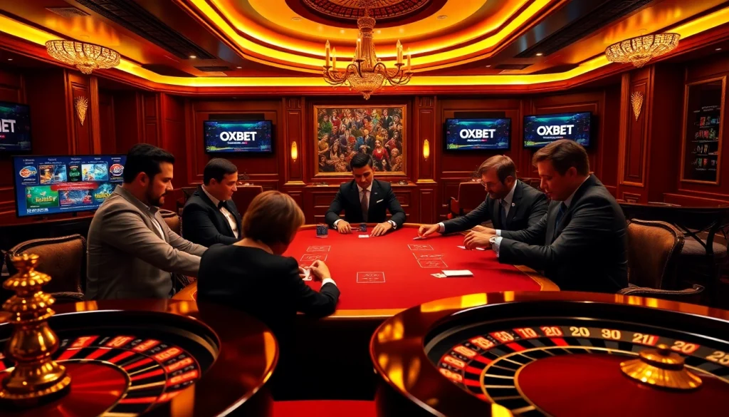 Intense poker game at an OXBET casino table showcasing professional players and vibrant atmosphere.