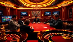 Intense poker game at an OXBET casino table showcasing professional players and vibrant atmosphere.