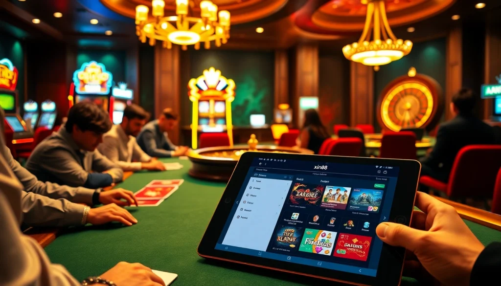 Experience thrilling gameplay at xin88 with a vibrant casino atmosphere, poker table, and slot machines.