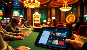 Experience thrilling gameplay at xin88 with a vibrant casino atmosphere, poker table, and slot machines.