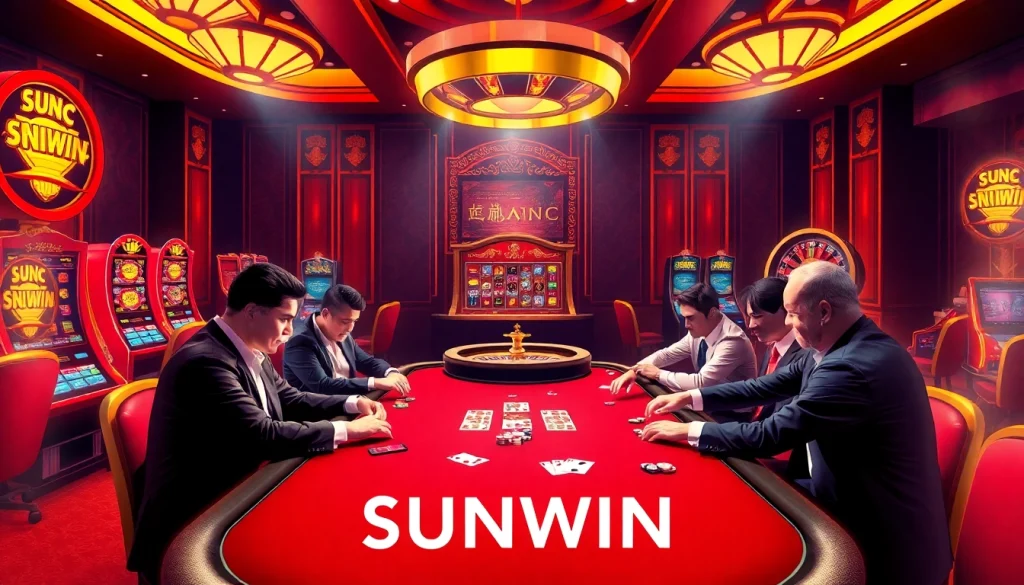 SUNWIN casino players enjoying an exciting poker game amid luxurious casino decor.