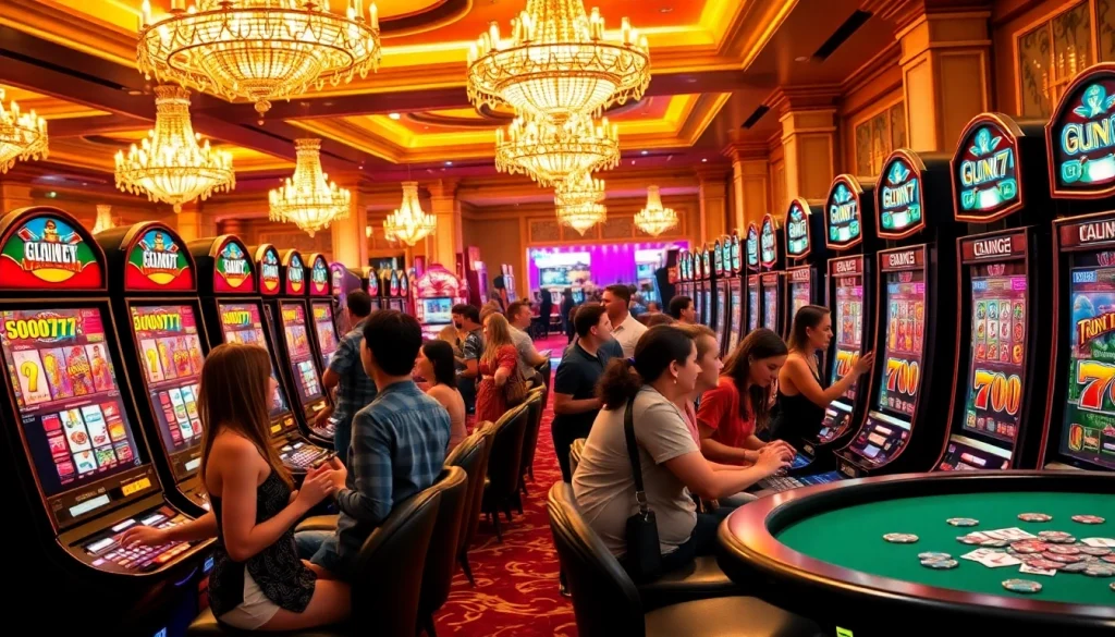 Excited players engaging with slot777 machines in a luxurious casino ambiance.