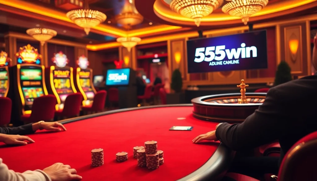 Experience thrilling gameplay at 555win's vibrant casino, with poker tables and slot machines.