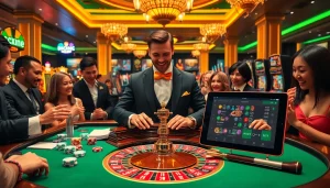 Players enjoying a lively gambling scene at Nhà cái QQ88 with roulette, poker chips, and a professional dealer.