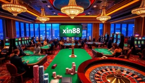 Excited players enjoy a thrilling gaming experience at xin88 casino with vibrant tables and chips.