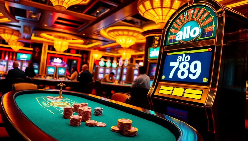 A lively casino scene showcasing alo 789 with poker chips, roulette, and slot machines in an elegant setting.