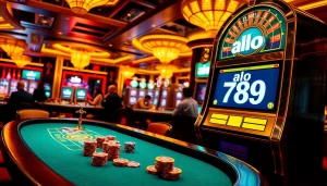 A lively casino scene showcasing alo 789 with poker chips, roulette, and slot machines in an elegant setting.