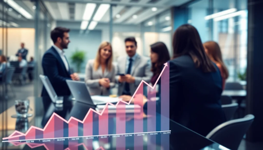 Visualizing business growth insights through graphs and collaboration in a modern office setting.