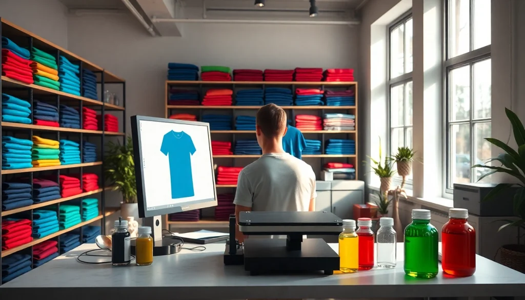 Individualus marškinėlių spausdinimas rodomas ryškiame studijos fone