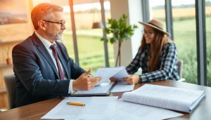 Engaging scene of a lawyer reviewing agricultural law documents with a farmer in a modern office.