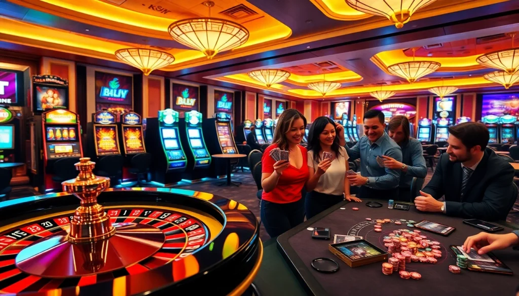 KJC casino scene featuring vibrant roulette, slot machines, and poker tables celebrating wins.