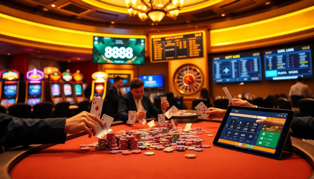 Players engaging in high-stakes poker at a luxurious casino table at 888new.