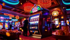 Players engaging with the slot777 machine, highlighting excitement and win potential in a vibrant casino setting.