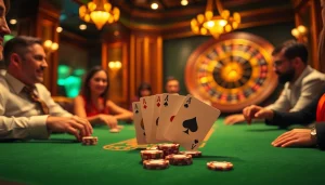 An engaging, luxury poker scene showing players strategizing their moves at a table with kjc com elements.