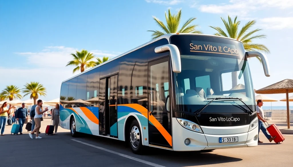 Navetta San Vito Aeroporto Palermo, autobus navetta all'Aeroporto di Palermo pronto per i viaggiatori con bagagli.